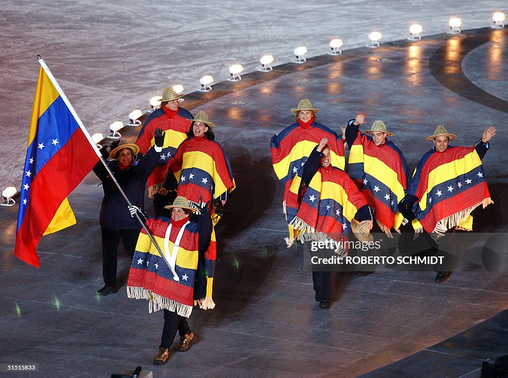 Venezuela's luge athlete Iginia Boccalandro holds