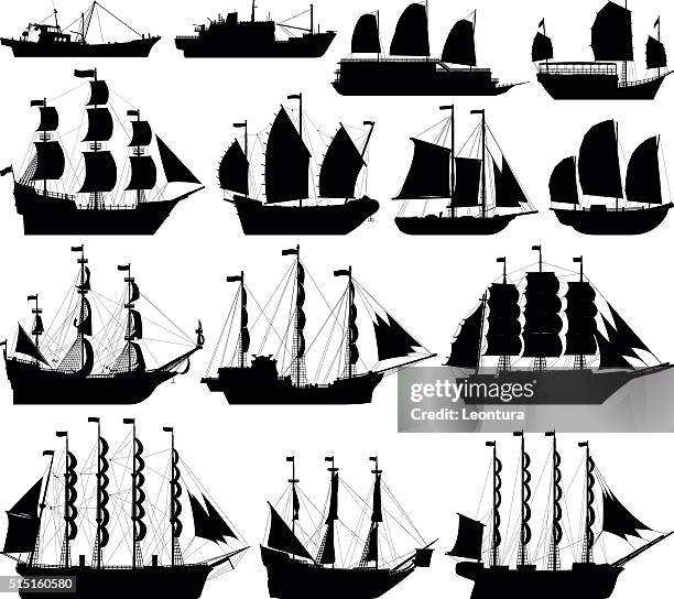 highly detailed ship silhouettes - pirate ship silhouette stock illustrations