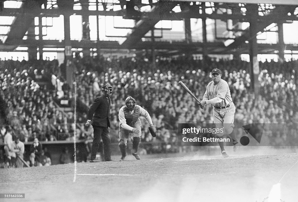 Babe Ruth Breaking Bat Babe Ruth finishing tremendous swing that netted him a single in ...