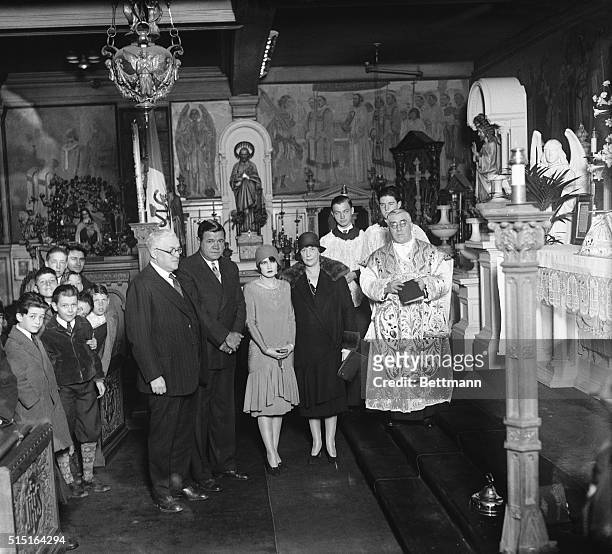 New York: Ruth & Bride. Babe Ruth Wedding At St. Gregory's: Left to right, George Henry Lovell, Babe Ruth, Swat King; Claire Hodgson, his bride,...
