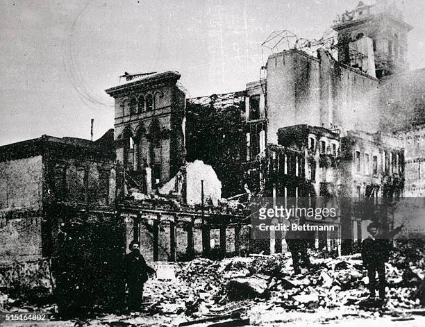 The first bank owned by Amadeo Giannini lies in ruins after the earthquake and fire of April 1906.