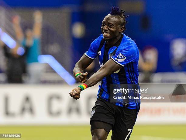 Dominic Oduro of the Montreal Impact reacts after scoring early in the second half during the MLS game against the New York Red Bulls at the Olympic...