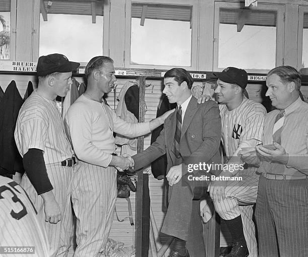 Joe DiMaggio being greeted by teammates upon his arrival here to begin spring training with the New York Yankees.