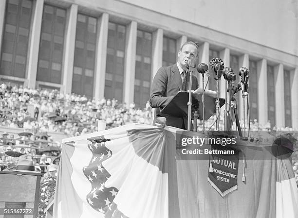 Famous flyer Colonel Charles A. Lindbergh speaking before a crowd gathered in Soldier's Field, August 4th, for a peace rally. The Lone Eagle said,...