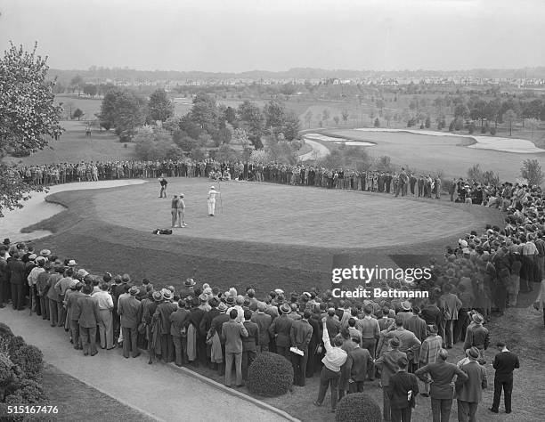 Ben Hogan , Texas sharpshooter, putting on the ninth green during the afternoon round of the $5,000 Goodall Round Robin Golf Tournament, May 18....