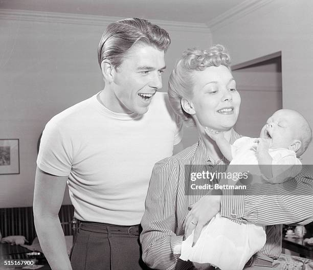 The Littlest Reagan. Hollywood: Maureen Elizabeth Reagan, daughter of film stars Ronald Reagan and Jane Wyman, makes her first appearance before a...