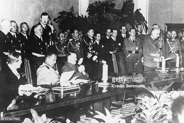 Berlin, Germany- Historic scene in Berlin during the signing of the Rome-Berlin-Tokyo mutual assistance pact, uniting the signatories against any...
