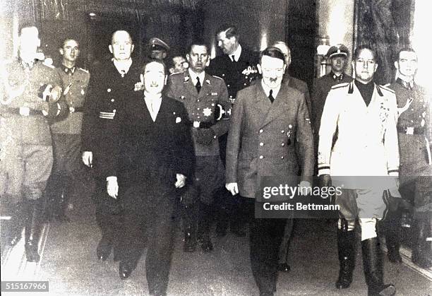 Berlin, Germany- Saburo Kusuru, Japanese Ambassador to Germany, Adolf Hitler and Italian Foreign Minister Count Ciano arriving for the recent signing...