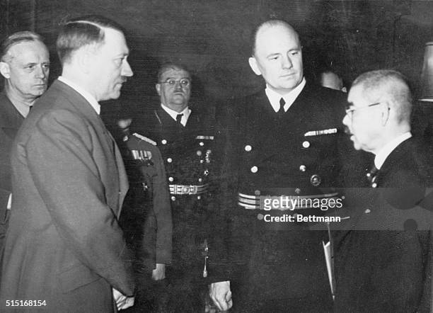 Hitler Meeting Japanese Foreign Minister. Berlin, Germany: Adolf Hitler talking to Japanese foreign minister Matsuoka during the latter's recent...