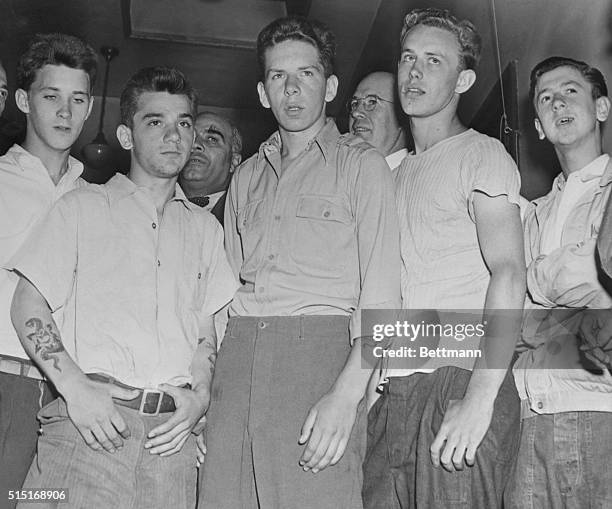 Five youths, Henry Green, Anthony Bono, John O'Brien, Charles Lockhart, and Thomas Nolan downtown at the Philadelphia police station following their...