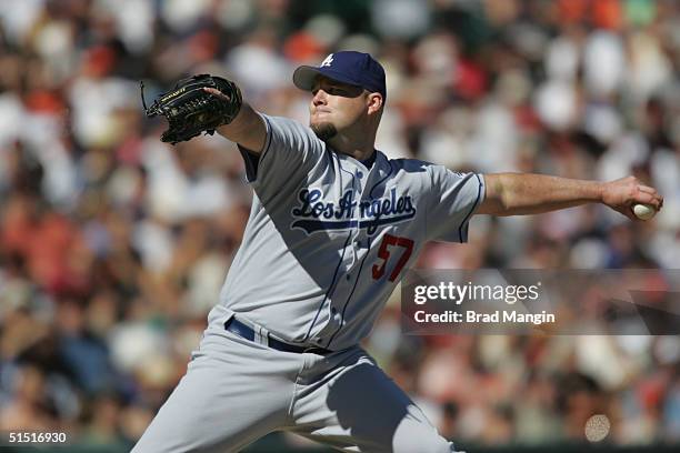 Pitcher Scott Stewart of the Los Angeles Dodgers pitches during the game against the San Francisco Giants at SBC Park on September 25, 2004 in San...