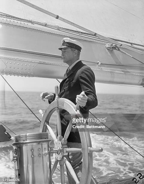 View from the stern of the yacht Ranger is shown here, during the trial run of the America's cup defender, where Harold S. Vanderbilt, owner and...