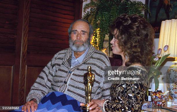 Hollywood: Actor Henry Fonda and his daughter, Jane Fonda, at the actor's home after she presented him with the Oscar awarded him as Best actor at...