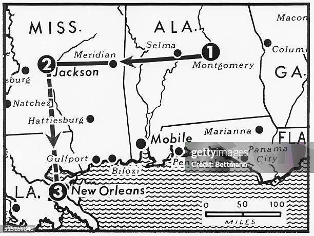 Montgomery, AL: Map showing the route of black "Freedom Riders," who recently left Montgomery for Jackson, Mississippi, the hard-core center of...