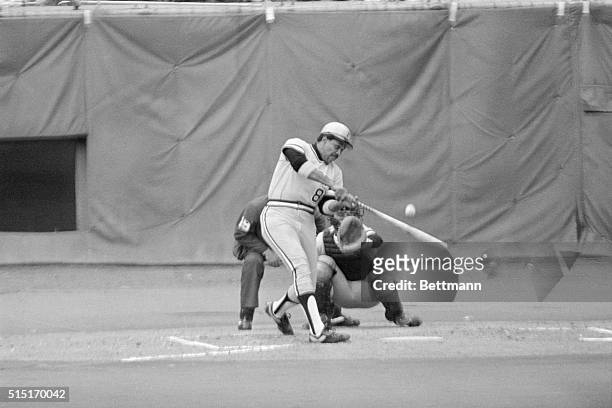 Willie Stargell of the Pittsburgh Pirates connects for a home run in the bottom of the second inning during Game 4 of the 1979 World Series at Three...