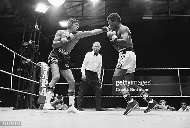 Monte Carlo, MonacoChampion Carlos Monzon sends a left to the jaw of challenger Rodrigo Valdes in the sixth round of their middleweight title bout in...