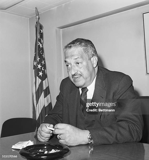 New York, NY- ORIGINAL CAPTION READS: U.S. Court of Appeals Judge Thurgood Marshall avers that organizations like Black Muslims "harm" the civil...