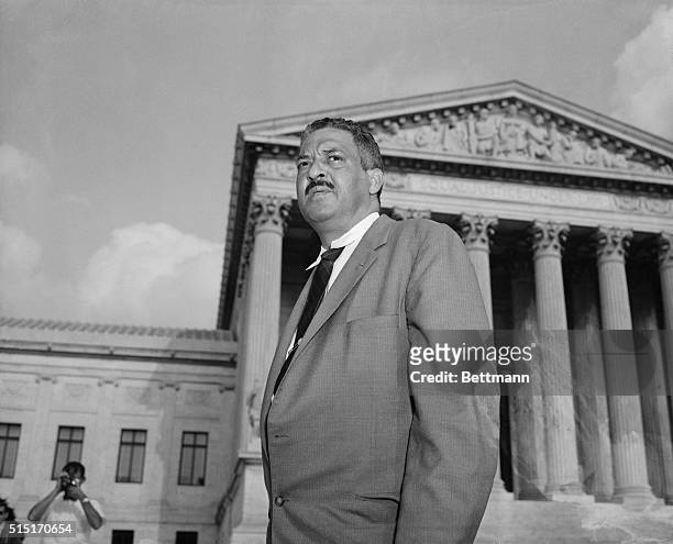Washington, D.C.: Thurgood Marshall, NAACP Chief Council, is shown in front of the Supreme Court, making a last-ditch appeal that would permit Black...