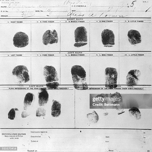 Capone Prints. Al's Fingerprints Marked for Police. Philadelphia, Pennsylvania. The fingerprints of "Al Scarface" Capone, which were taken by...