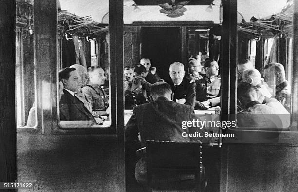 France - A glimpse into the historic railroad coach in the Compiegne forest as French and German delegates signed an armistice agreement that brought...