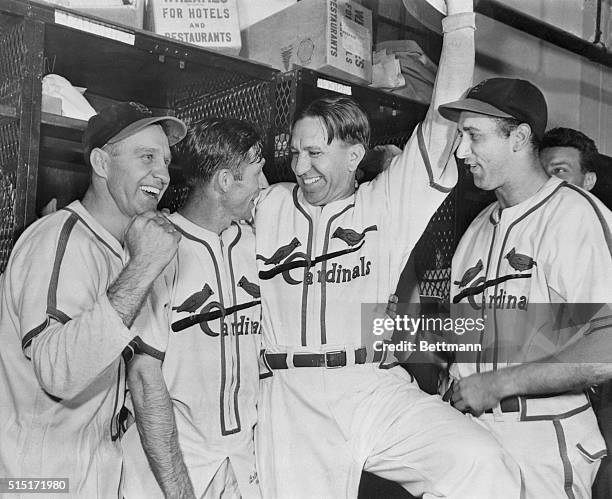 St. Louis, Mo.: All Smiles In Cards Dressing Room. It's all smiles in the dressing room of the St. Louis Cardinals Oct. 15th, after the Redbirds...