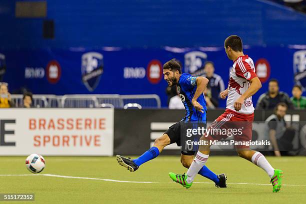 Ignacio Piatti of the Montreal Impact kicks the ball and scores a goal in the second half during the MLS game against the New York Red Bulls at the...