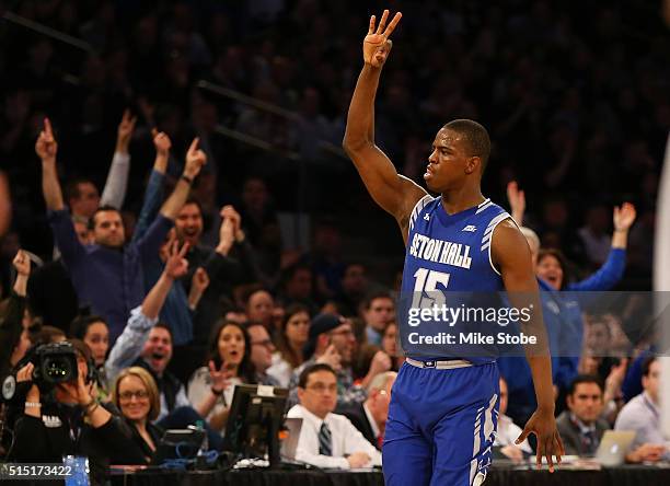 Isaiah Whitehead of the Seton Hall Pirates racts after hitting a three-pointer against the Villanova Wildcats during the Big East Basketball...