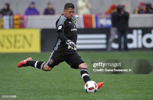 Goalie Nick Rimando of Real Salt Lake kicks the ball down field against Seattle Sounders FC in the second half at Rio Tinto Stadium on March 12, 2016...