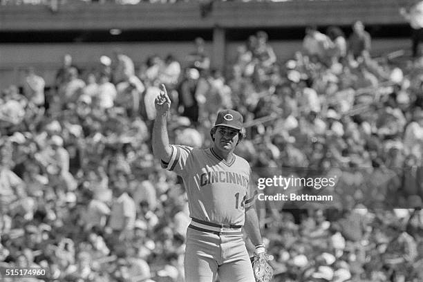 Cincinnati Reds player/manager Pete Rose gestures during game against the Mets at Shea Stadium. Rose, who's 45, almost gets offended by the question...