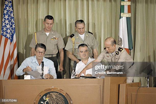 La Paz, Baja, California: President Ronald Reagan and Mexican President Miguel De La Madrid, sign a treaty for the environmental protection of border...