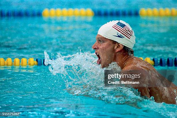 Tracy Caulkins of Nashville, Tennessee, the top U.S. Woman swimmer in the Pan Am Games, pushes a wall of water ahead of her as she competes in the...