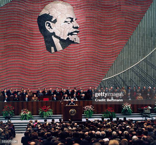 Moscow, USSR: Nikolai Lenin Birthday celebration. Yuri Andropov addresses birthday celebration at the Palace of Congresses with the profile of Lenin...