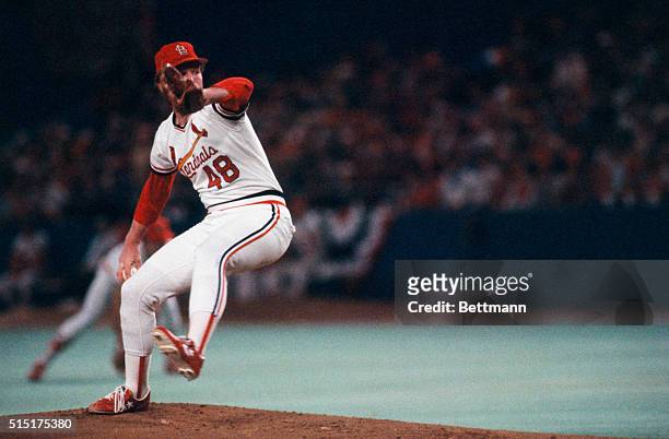 The St. Louis Cardinals John Stuper pitches during the sixth game of the 1982 World Series against the Milwaukee Brewers. The Cardinals won the game...