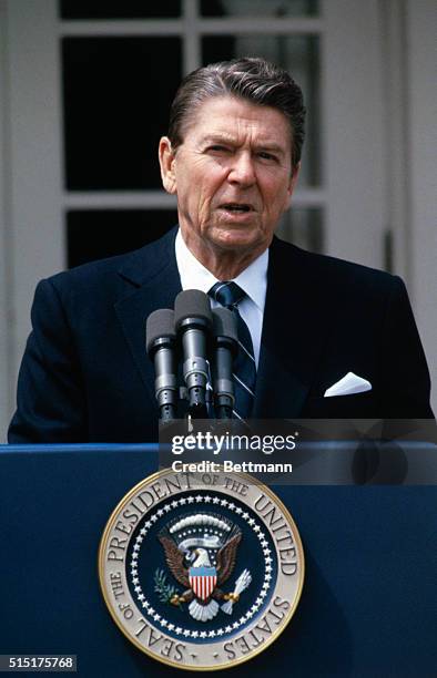 Washington, D.C.: United States President Ronald Reagan says a few words on the situation in Beirut from the rose garden outside the White House.