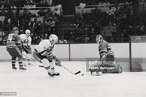 Uniondale, Long Island, New York: Montreal Canadiens' goalie Patrick Roy makes a great save of Islanders' Bryan Trottier's shot at the goal by...
