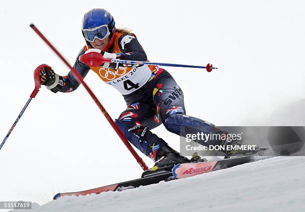 Swiss Marlies Oester in action during the women's combined 1st slalom for the 2002 Salt Lake City Olympic Winter Games in Snowbasin 14 February 2002....