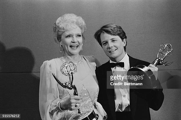 Pasadena, Calif.: Betty White and Michael J. Fox pose with their Emmy Awards for Outstanding Lead Actress and Actor in a Comedy Series. White won for...