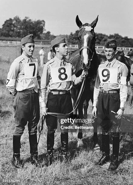 The Brazilian team lines up before taking part in the Pentathlon at Twisledown Race Course on July 30. Left to right are: Alves Borges, Captain;...