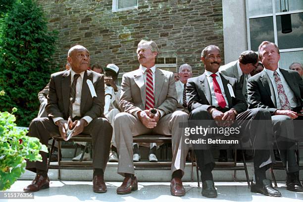 Cooperstown, N.Y.: Ray Dandridge, Catfish Hunter and Billy Williams are introduced to fans at the start of the Baseball Hall of Fame indiction...