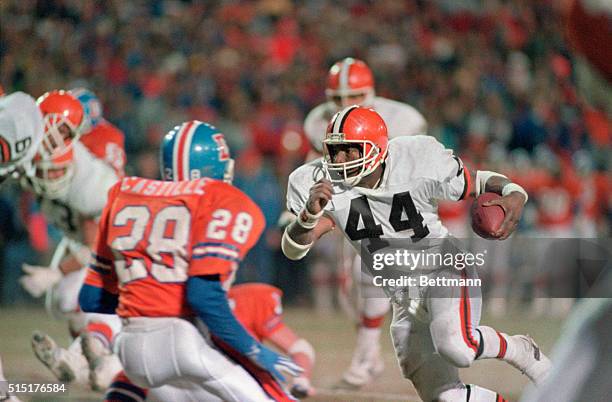 The Browns' Earnest Byner cuts to his right, inside the Denver 10-yard line, going for what would have been a game tieing touchdown. He was hit by...