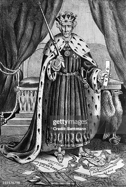 Cartoon branding Andrew Jackson as a dictator. "King Andrew I."
