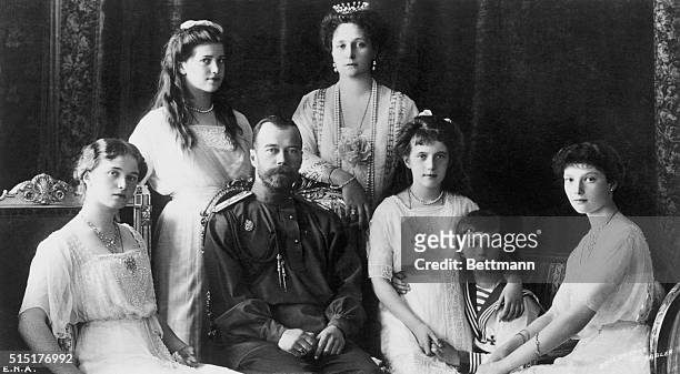 Nicholas II , Czar pictured with his family: Duchess Olga, Duchess Marie, the Grand Duchess Anastasia, the Czarevitch Alexis, the Grand Duchess...