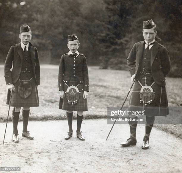 From left: Prince Albert , Prince Henry and the Prince of Wales , shown wearing kilts. Undated photograph.