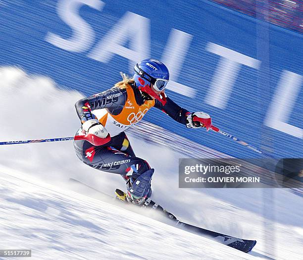 Swiss Marlies Oester in action during the women's combined 2nd slalom for the 2002 Salt Lake City Olympic Winter Games in Snowbasin 14 February 2002....