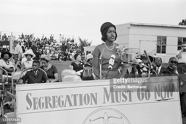 Washington, D.C.: Mrs. Medgar Evers, widow of the slain integrationist leader, is shown addressing a National Association for the Advancement of...