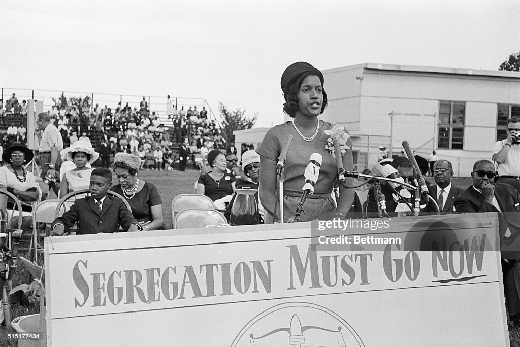 Myrlie Evers Speaking at Microphone