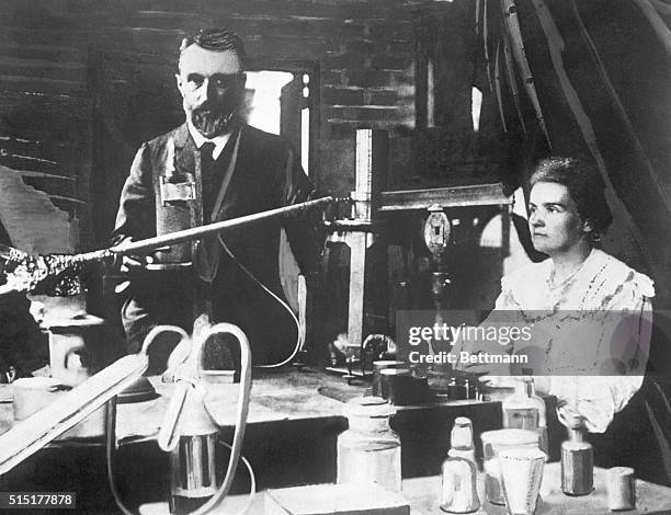 Portrait of Pierre and Marie Curie in laboratory. Undated photograph.