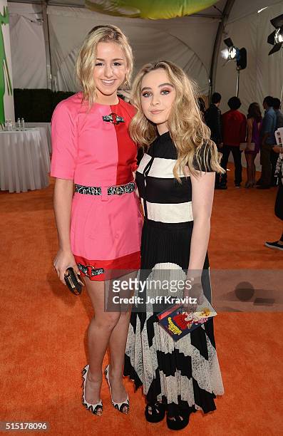 Dancer Chloe Lukasiak and actress Sabrina Carpenter attend Nickelodeon's 2016 Kids' Choice Awards at The Forum on March 12, 2016 in Inglewood,...