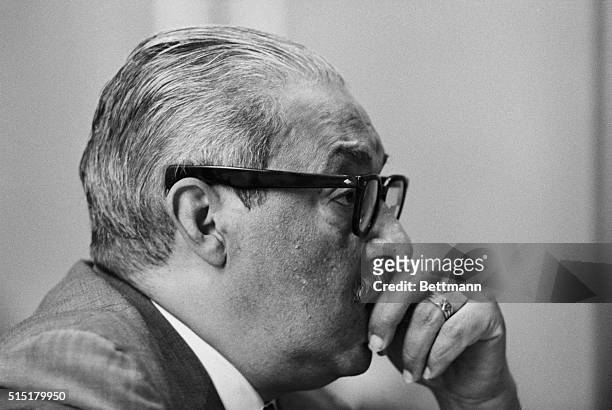 Washington, DC: Thurgood Marshall ponders a question as he undergoes grilling for a fifth day today by Southern senators on the Senate Judiciary...