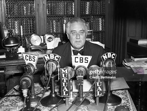 Hyde Park, NY: Portrait of President Roosevelt as he spoke during a radio broadcast from his Hyde Park home, the night of Nov. 4. In his speech, the...